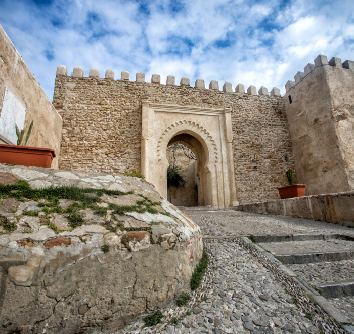 Kasbah of Oudayas blue and white alleyway with river view in Rabat, one of the Highlights of Rabat